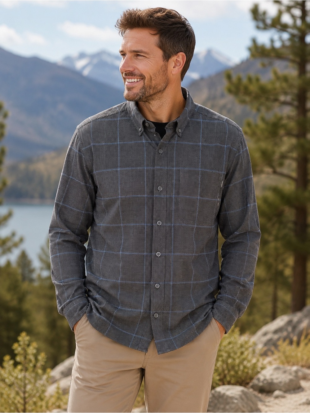 Eddie Bauer Charcoal and Navy Plaid Button-Up Shirt